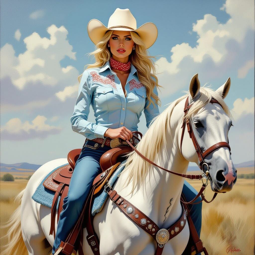 Blond Woman in Cowboy Attire Rides White Horse