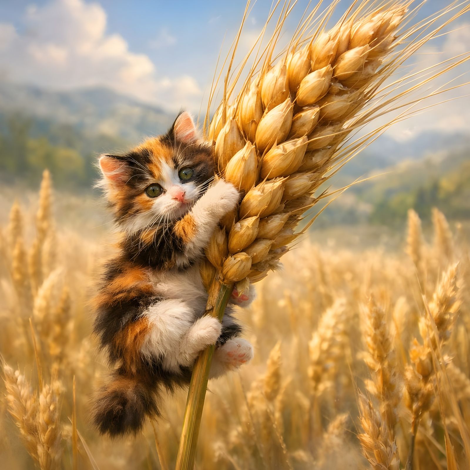 Tiny Calico Cat on Giant Wheat Head