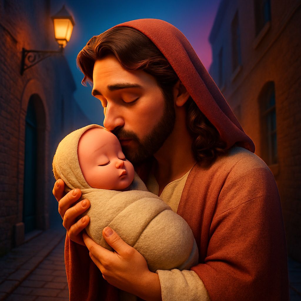 Jesus Tenderly Kisses Baby in Moonlit Alley