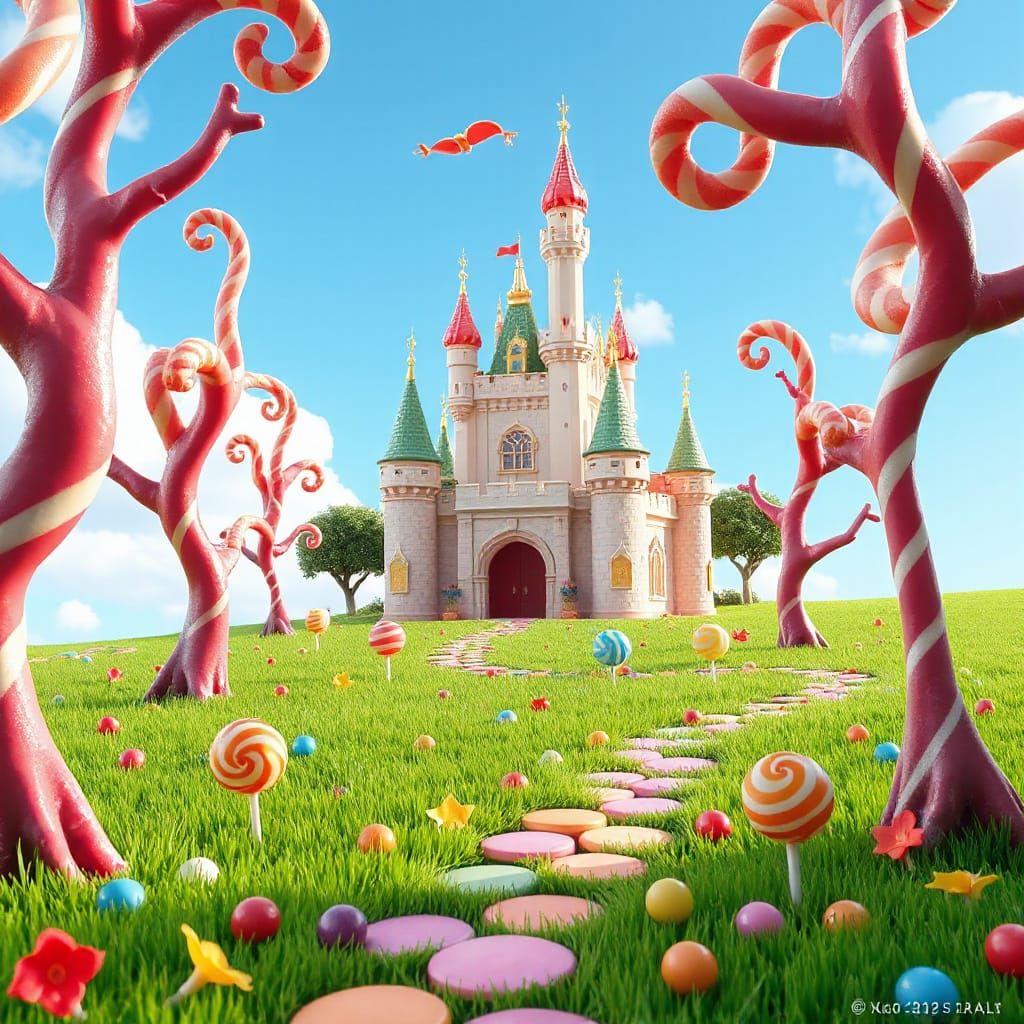 Vibrant Candy Castle in Lush Field - Pixar Style