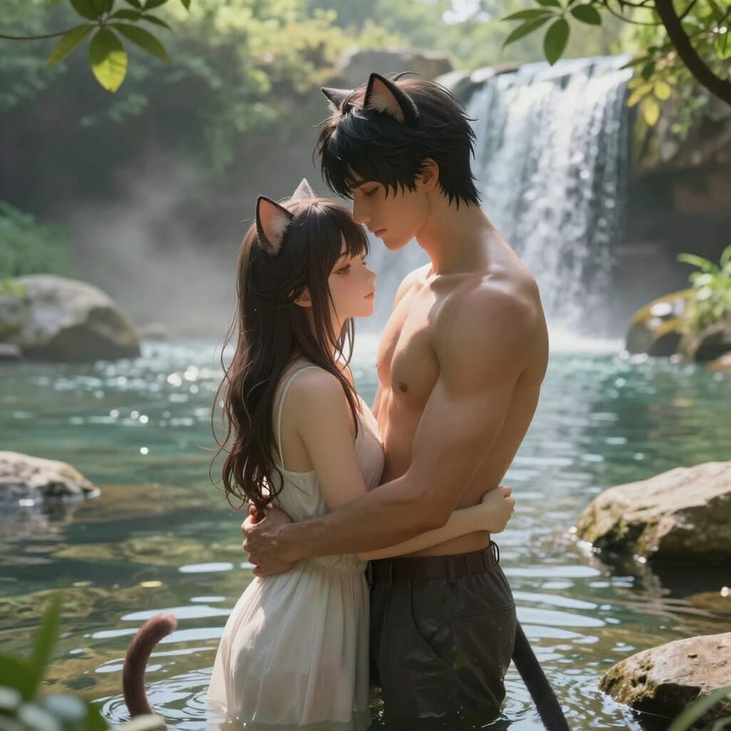 Fantasy Couple Embracing by Waterfall Lagoon