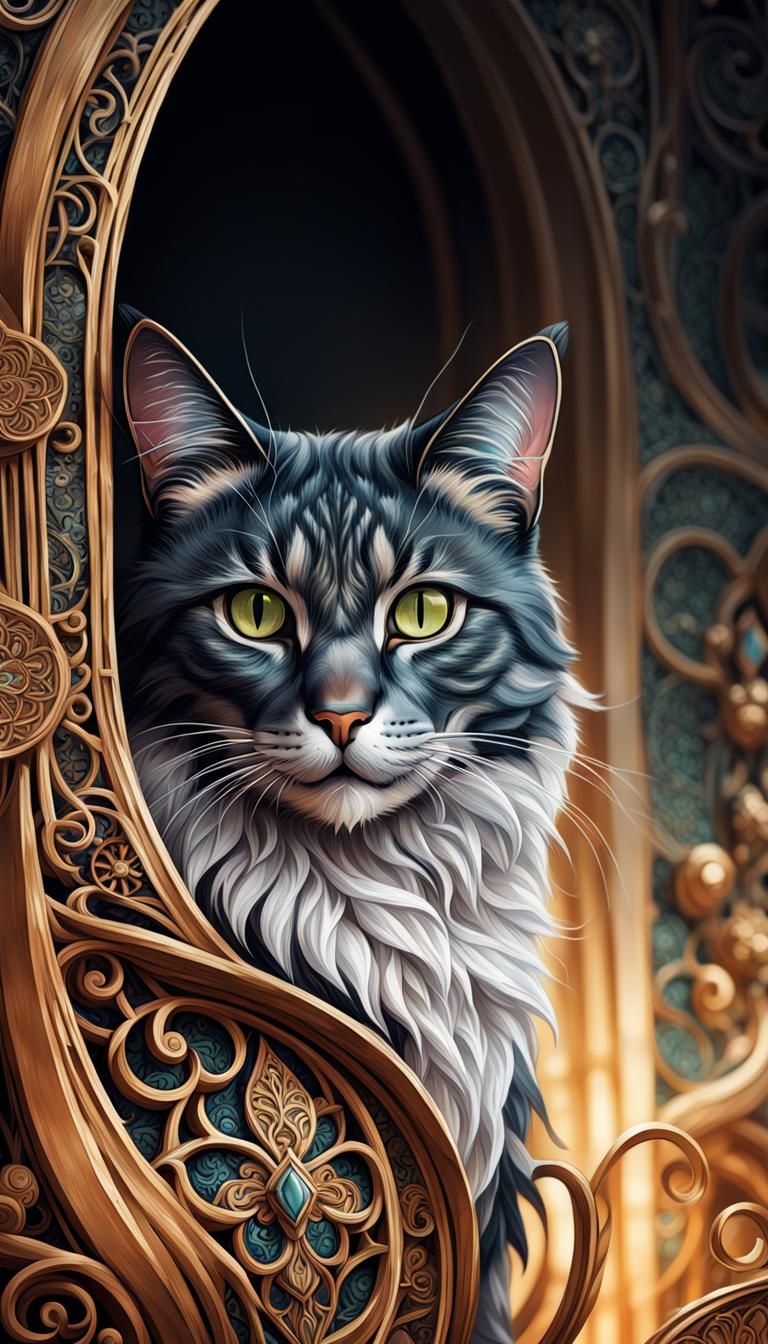 Detailed Cat Portrait with Intricate Motifs as Concept Art