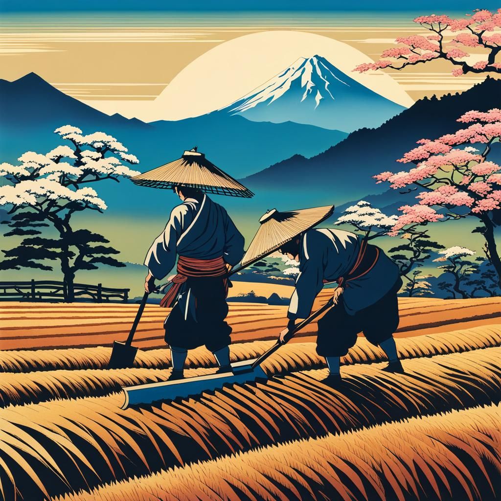 Ukiyo-e Farmer Tilling Field with Fuji View