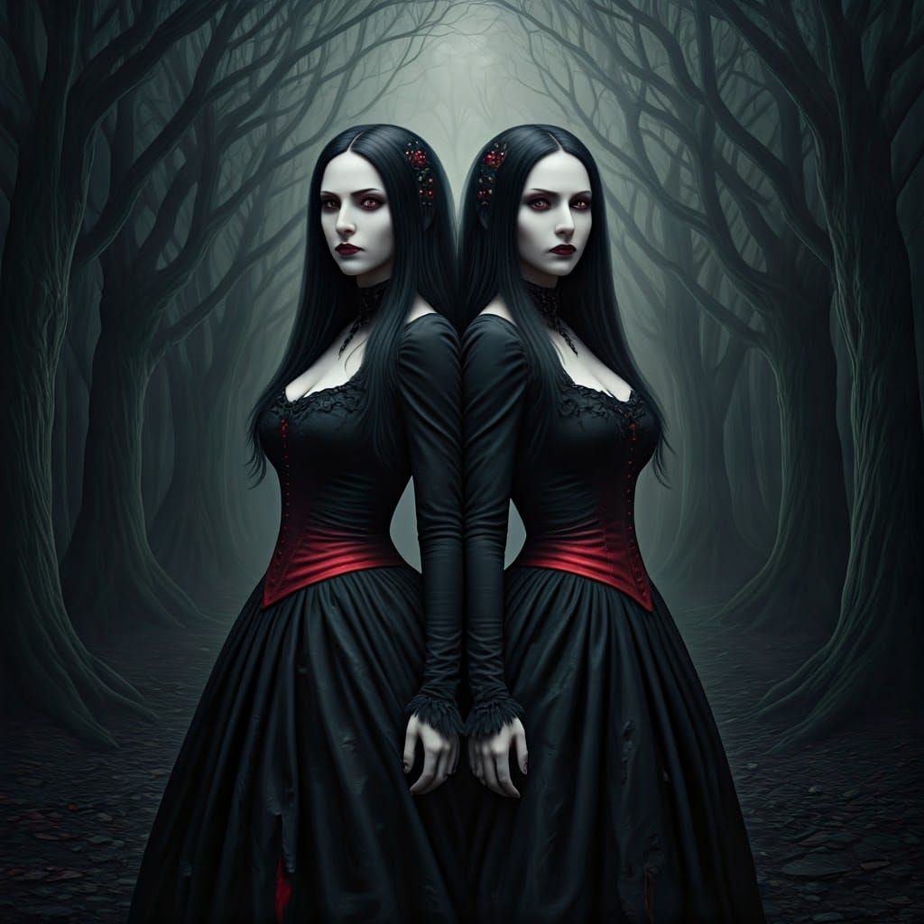 Gothic Vampire Twins in Haunting Dark Forest