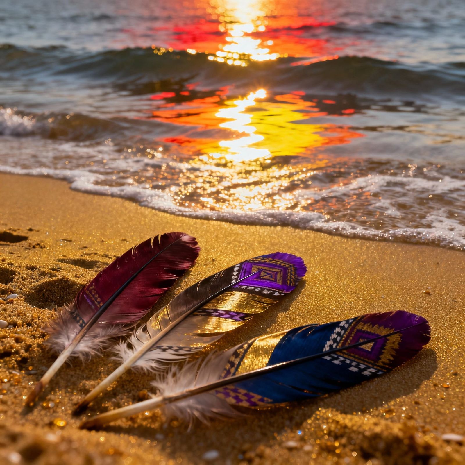 Native American Feathers on Beach Sand with Shimmering Waves