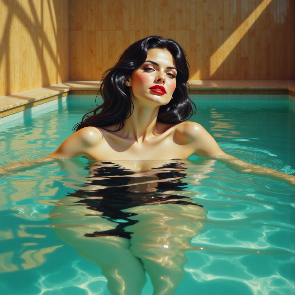 Woman Swimming in Turquoise Hotel Pool at Dusk