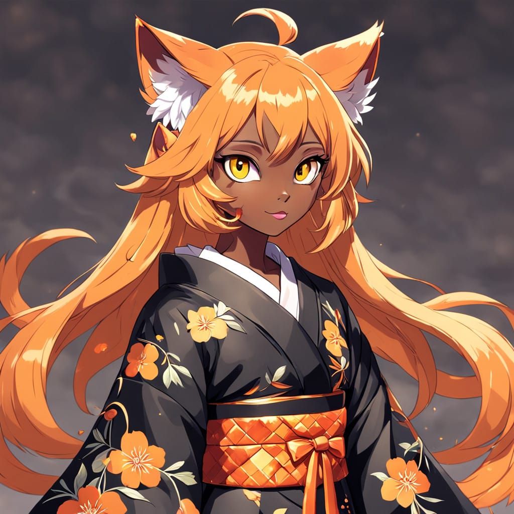 Regal Anime Catgirl in Elegant Kimono Attire