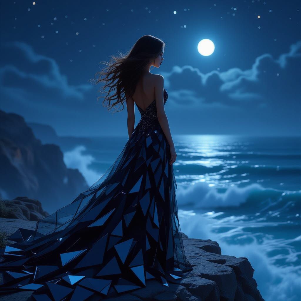 Woman in Obsidian Gown on Cliff Overlooking Starlit Ocean