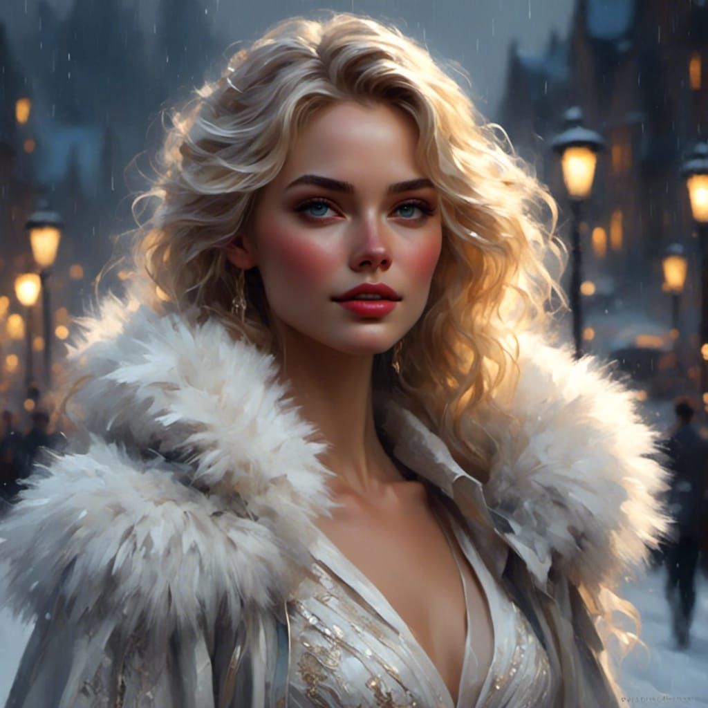 Blond Woman in Snowstorm, Digital Art Portrait