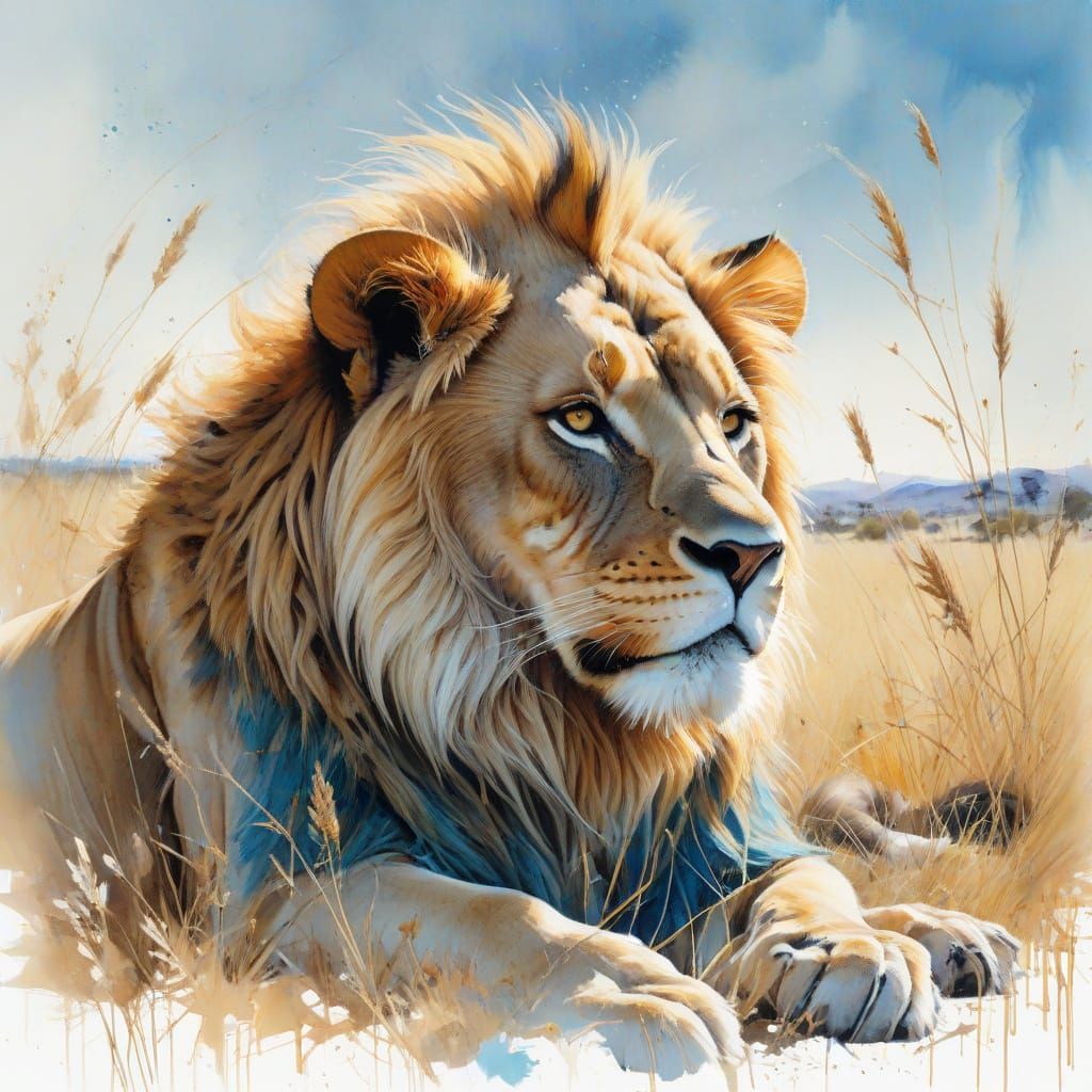 Regal Lion Amidst African Savannah Landscape in Vibrant Wate...