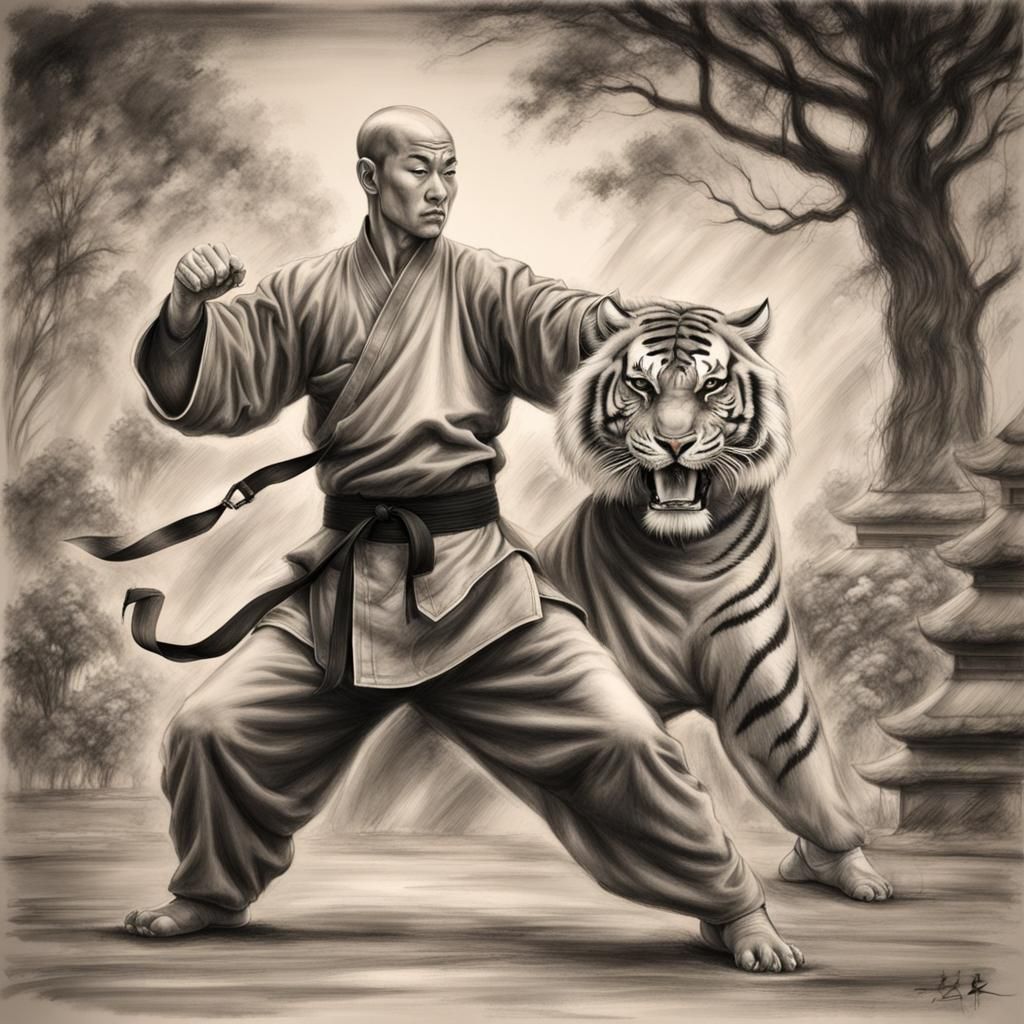 Shaolin Kung Fu Fighter in Chinese Temple Drawing