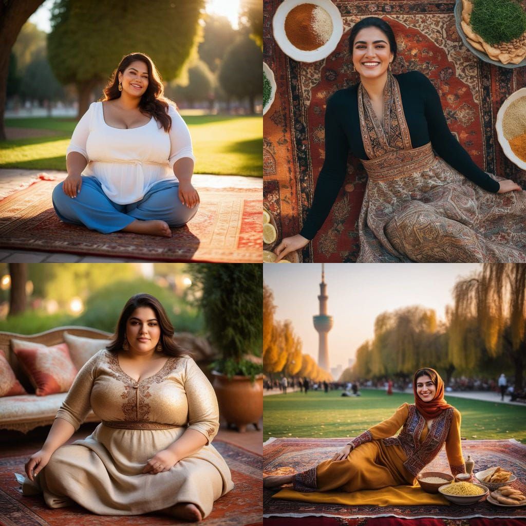 Persian Beauty Indulges in Feastful Delight on Vibrant Carpe...