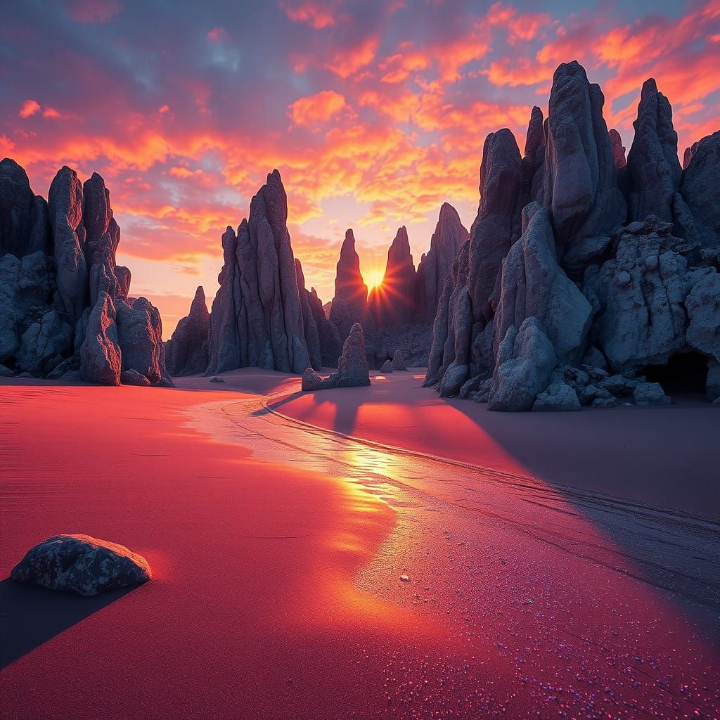 Surreal Opal Beach at Sunset in a Cyberpunk Aesthetic