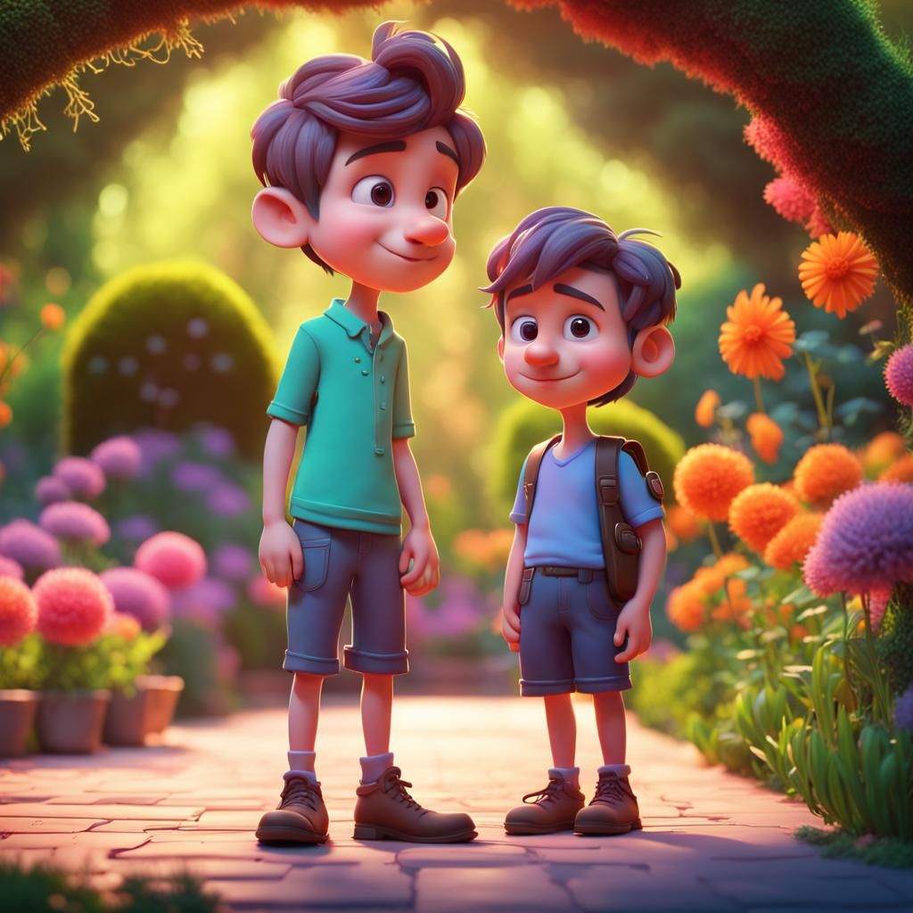 Cute Boy in Vibrant Garden: Pixar-Style 3D Art