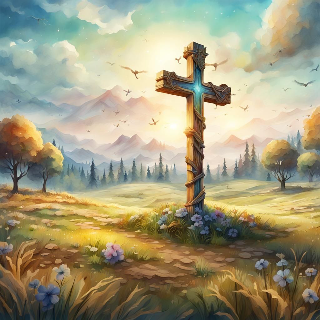Wooden Cross in Field: Whimsical Watercolor Painting