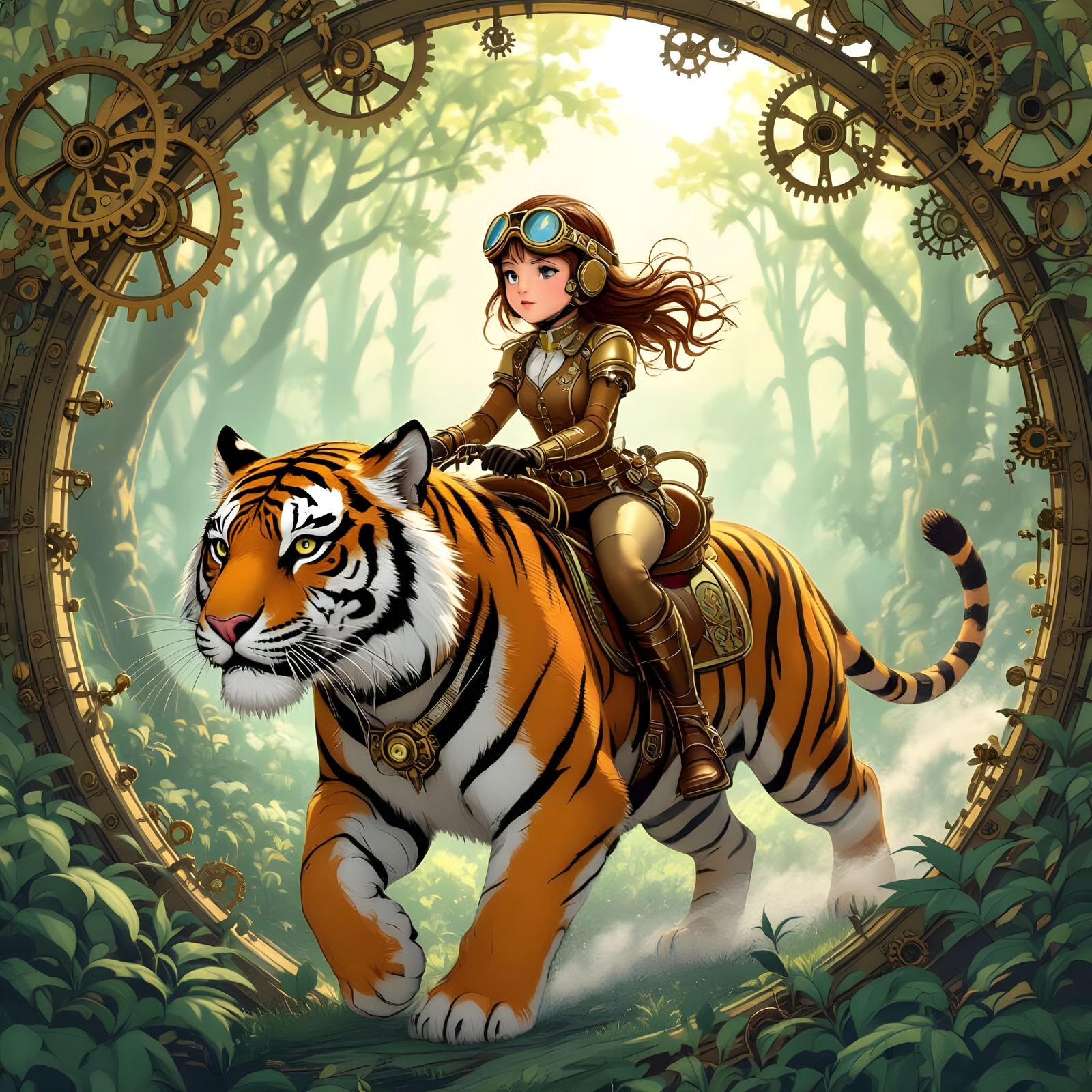 Steampunk Girl Rides Tiger in Clockwork Forest