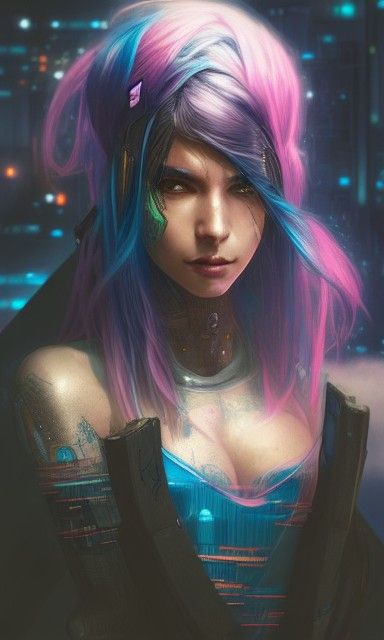 Cyberpunk Goddess with Neon Hair in Cityscape