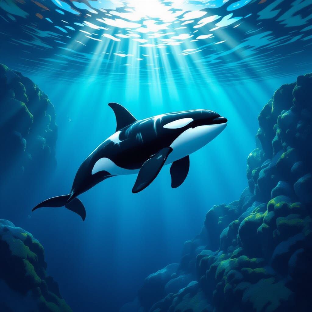 Majestic Killer Whale Underwater in Digital Painting Style