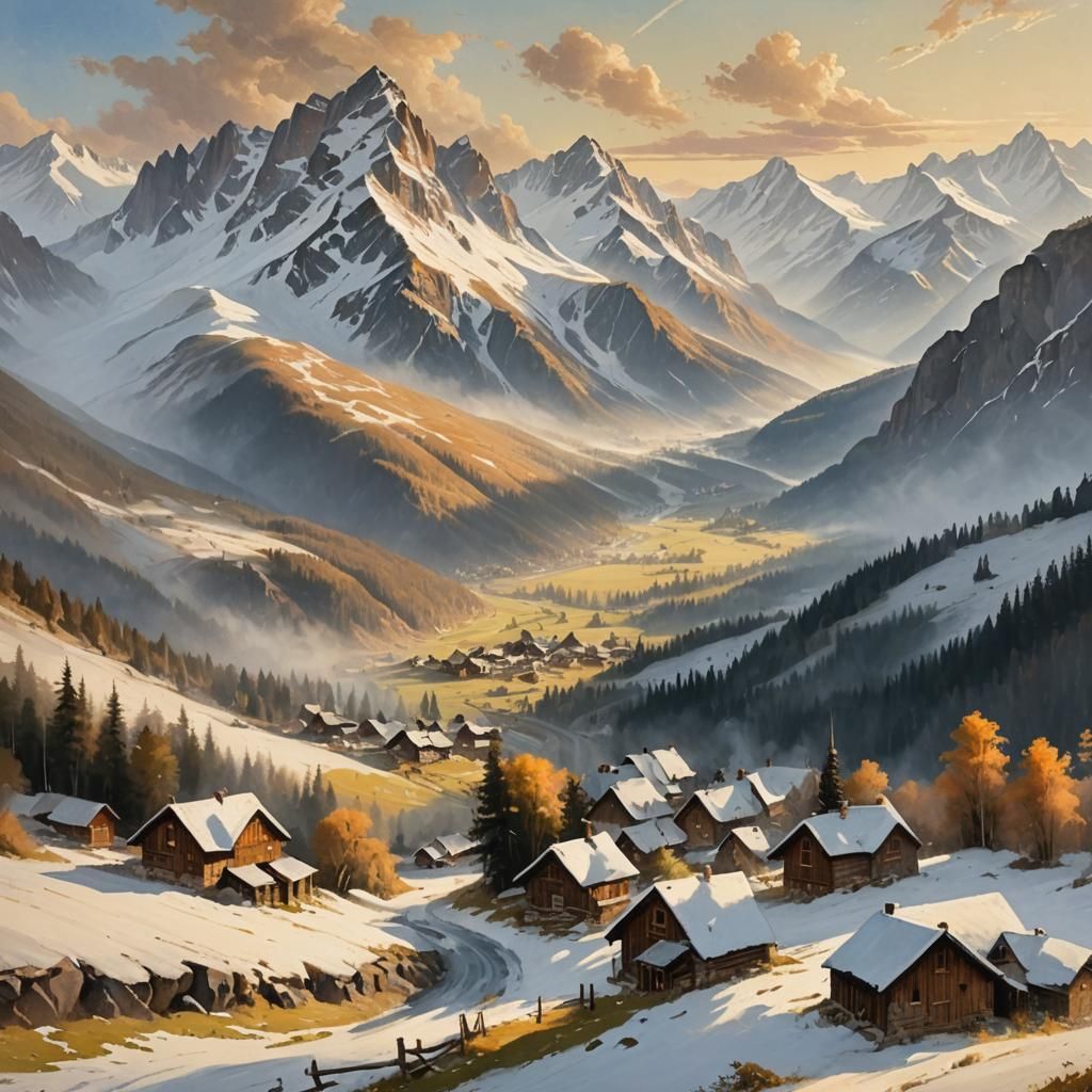 Mountain Hamlet Painting in Bierstadt Style