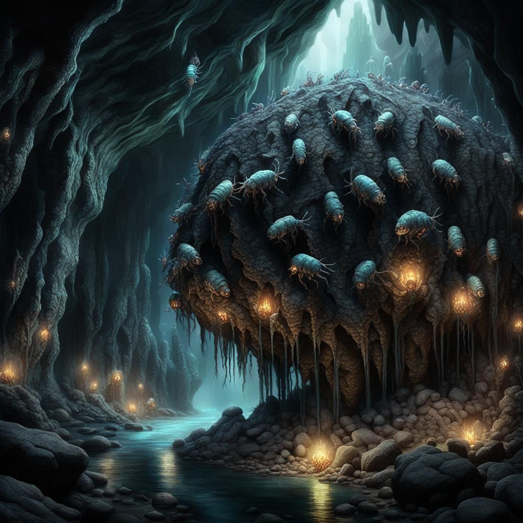 Living Stone Hive of Bioluminescent Silverfish