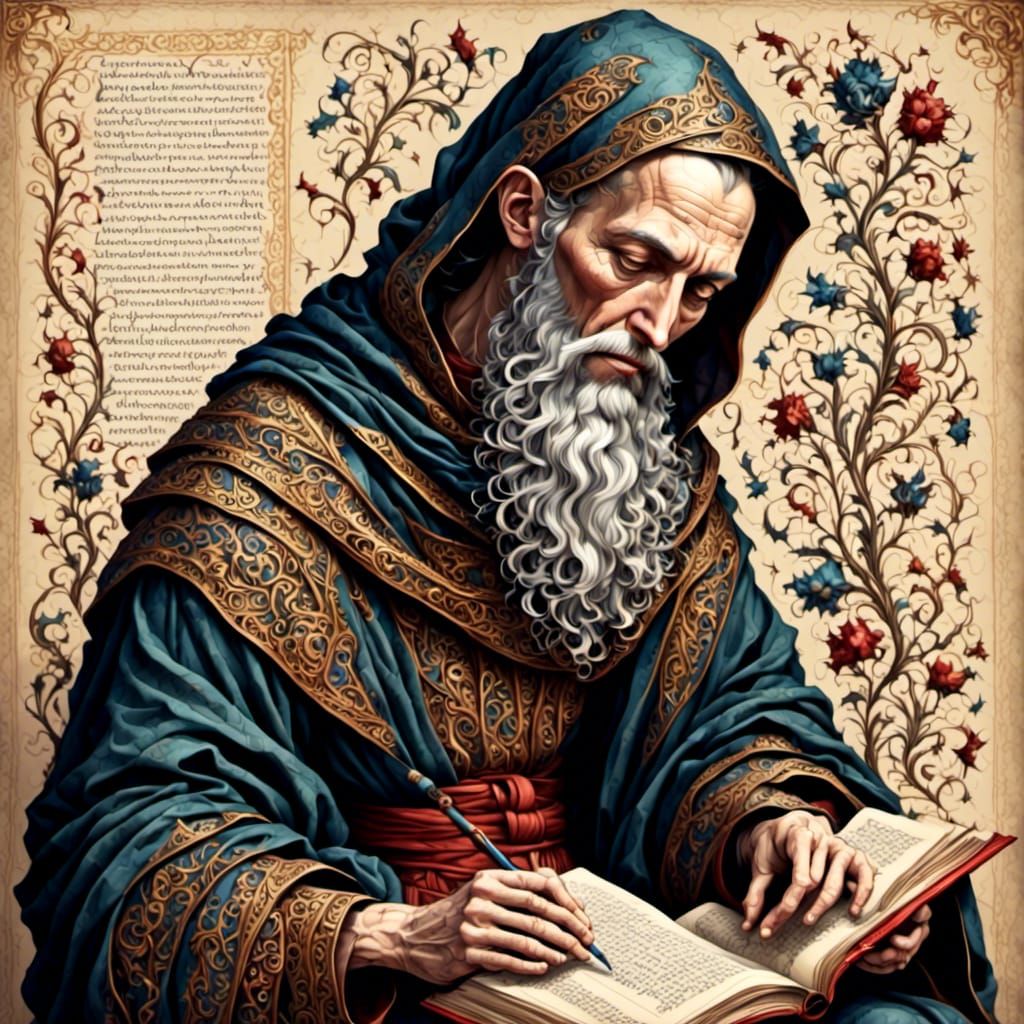 A medieval monk, copying religious texts, from scrolls to a ...