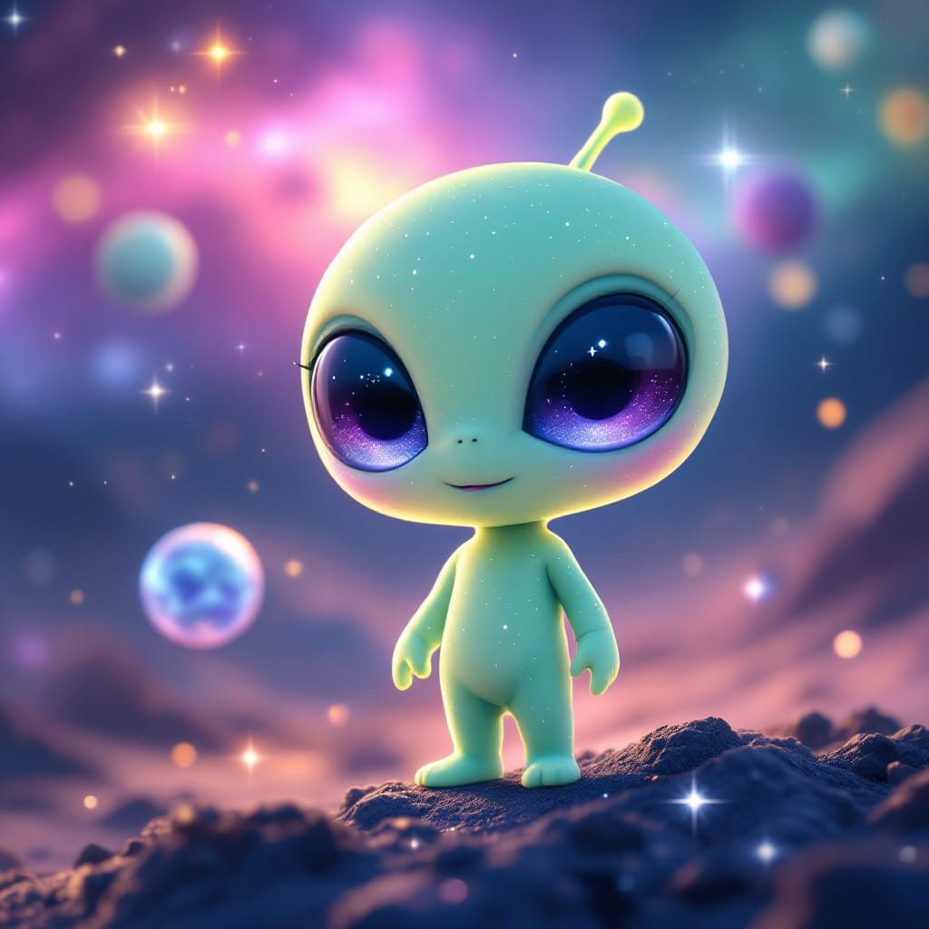 An anime-style cute alien, large sparkling eyes, pastel gree...