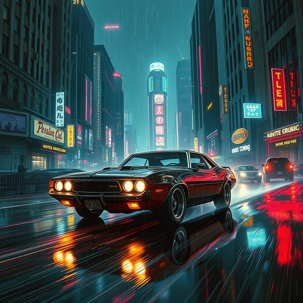 Cyberpunk Muscle Car in Rain-Soaked Cityscape