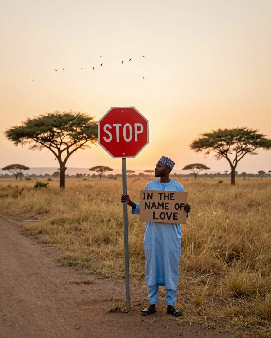 Man in Blue Robe Holds "In The Name Of Love" Sign at Sunset