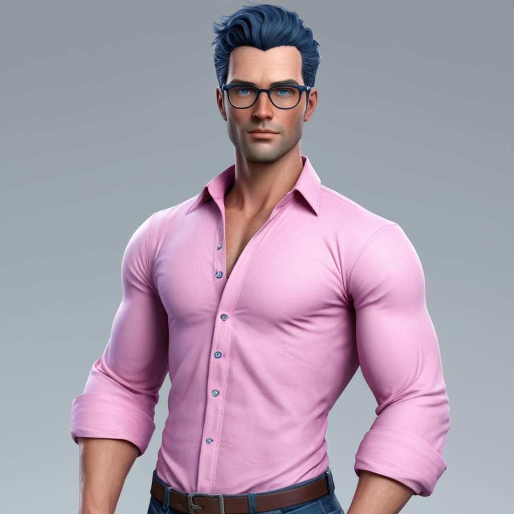 A photorealistic character image of Lancelot Geoffrey, a handsome android companion with a fitness model body type, navy...