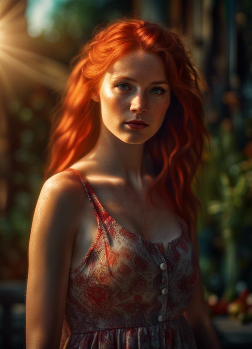 Hyper-Realistic Redhead in Sundress with Neon Lighting