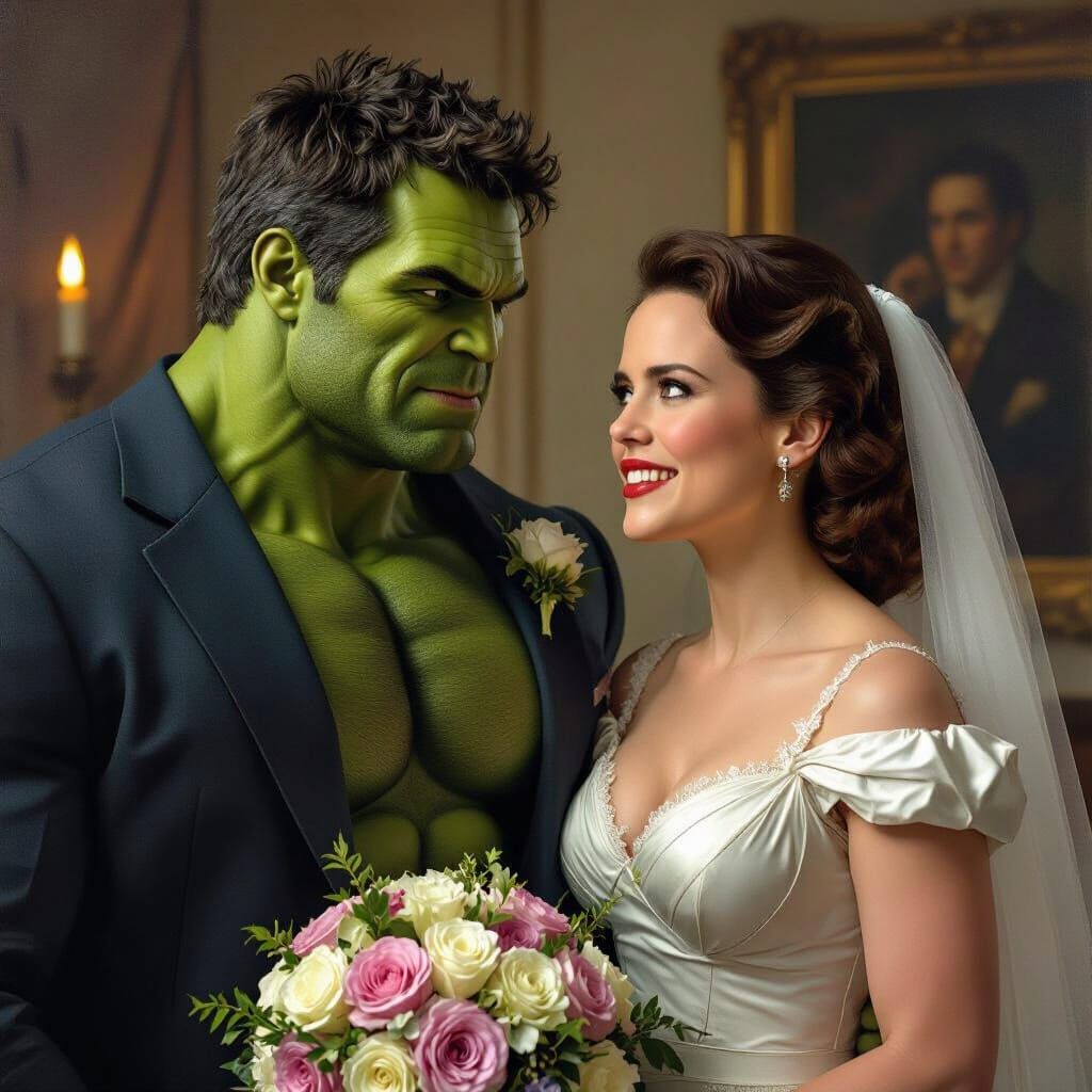 Hulk and Peggy Carter Wedding Oil Painting