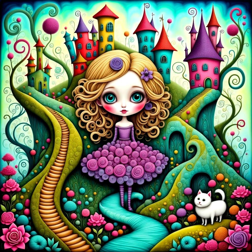 Vibrant Punky Girl Looks Out of Whimsical Castle Window