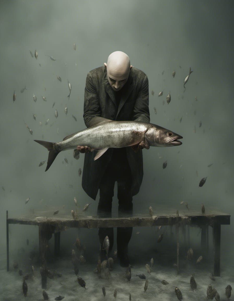 Creepy Bald Man with Fish in Macabre Style