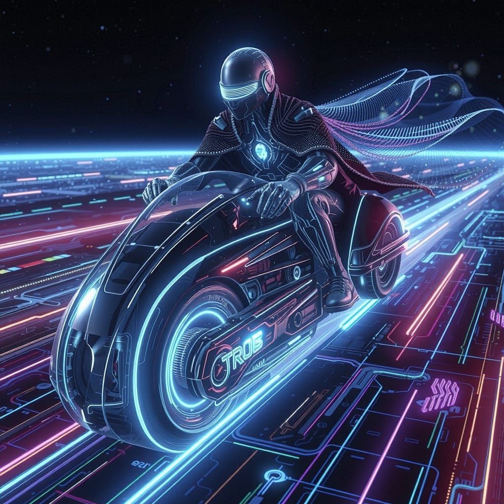 Tron Wizard Races on Neon Highway in Digital Art