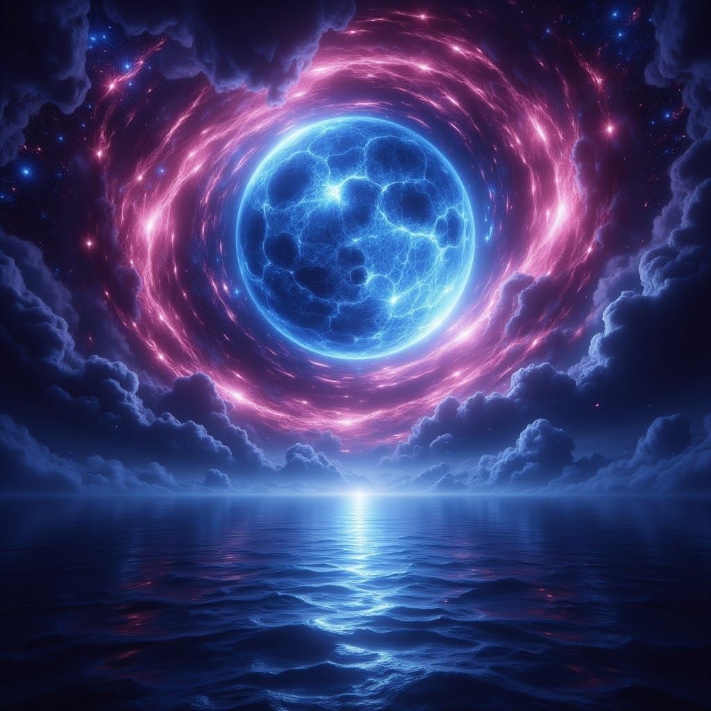 Pink Galaxy With Blue Moon Over Ocean