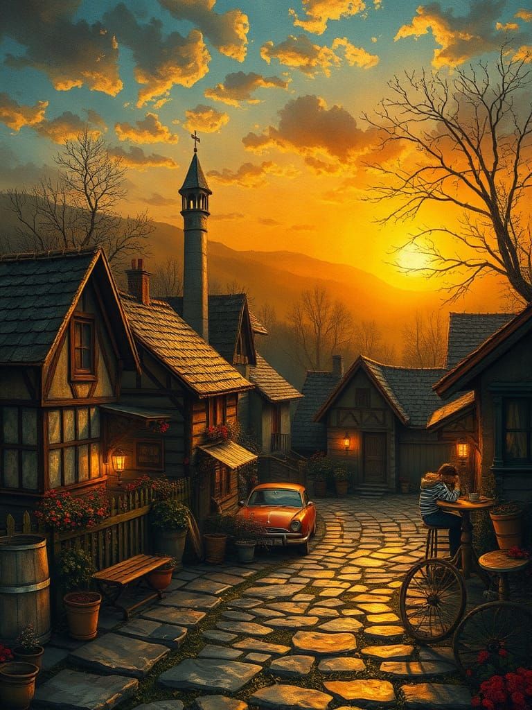 Quaint Village Sunset in Surreal Folk Art Style