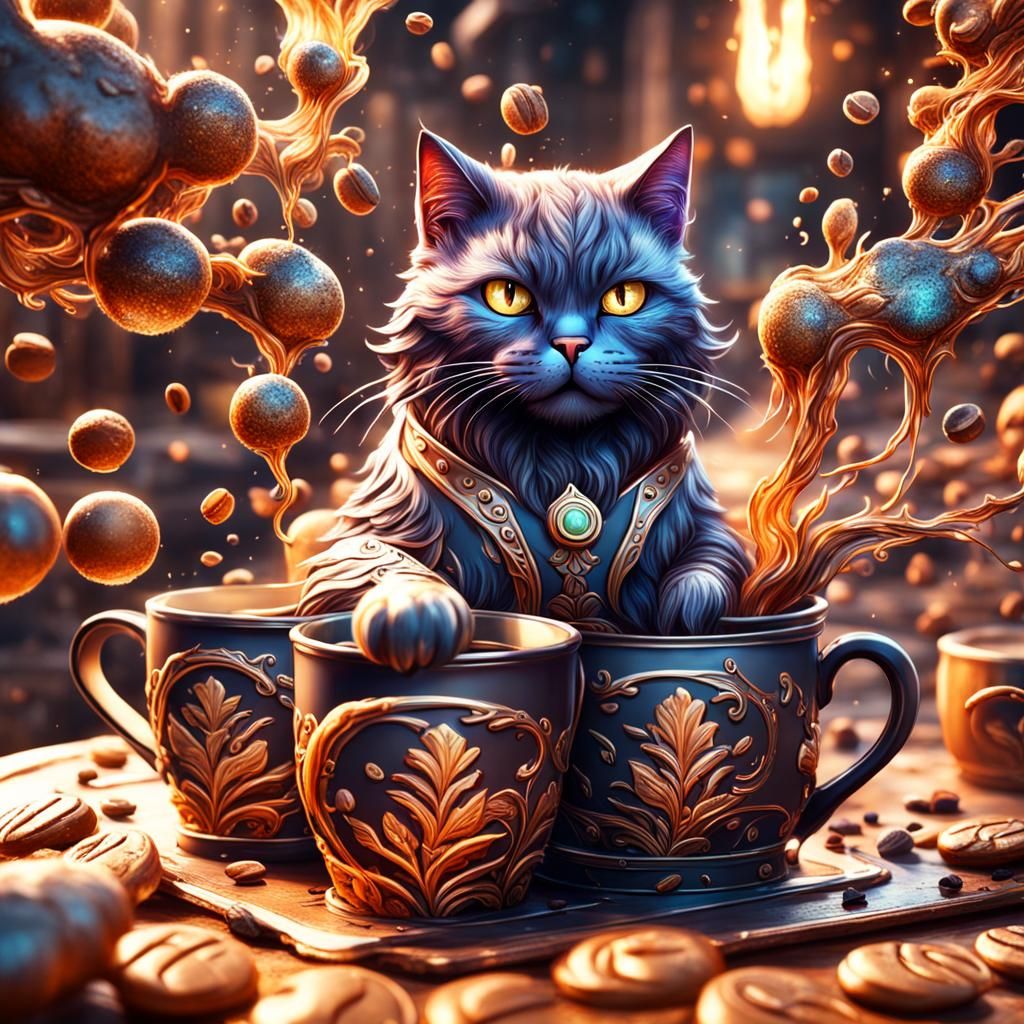 Coffee Cat: Detailed Matte Painting in Deep Color