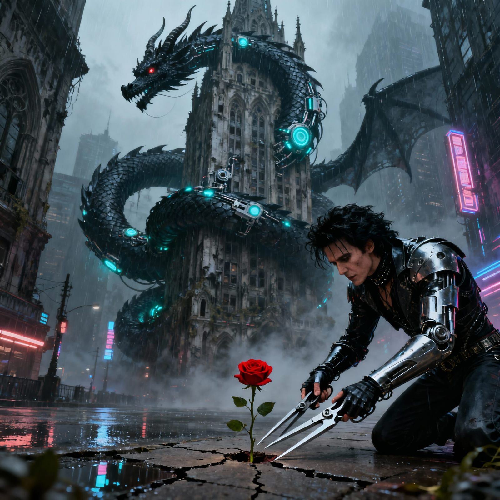 Cyberpunk Dragon on Gothic Skyscraper with Edward Scissorhan...