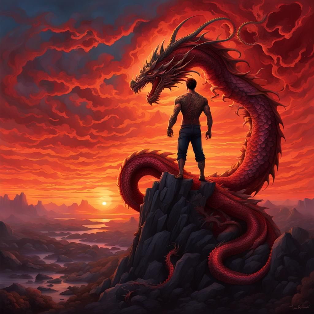 Dragon Tattooed Man in Ethereal Twilight: Fantasy Art