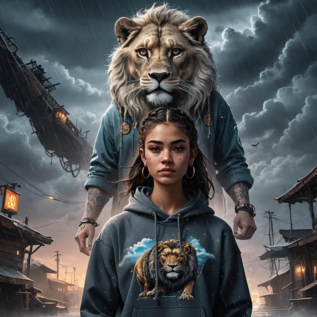 Girl in Lion Hoodie, Rainy Night: Fantasy Concept Art