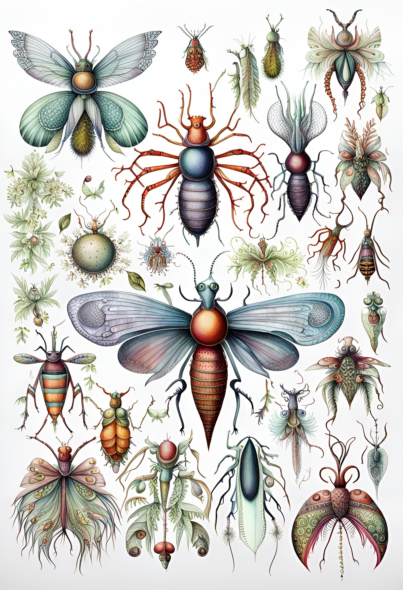 ""Weird Botanical Drawings of Fantastical imaginary insects from another planet, all different, bizarre, textural, iride...