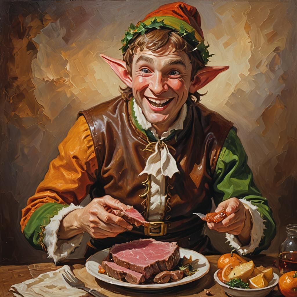 Elf Enjoys Roast Beef: An Impasto Oil Painting