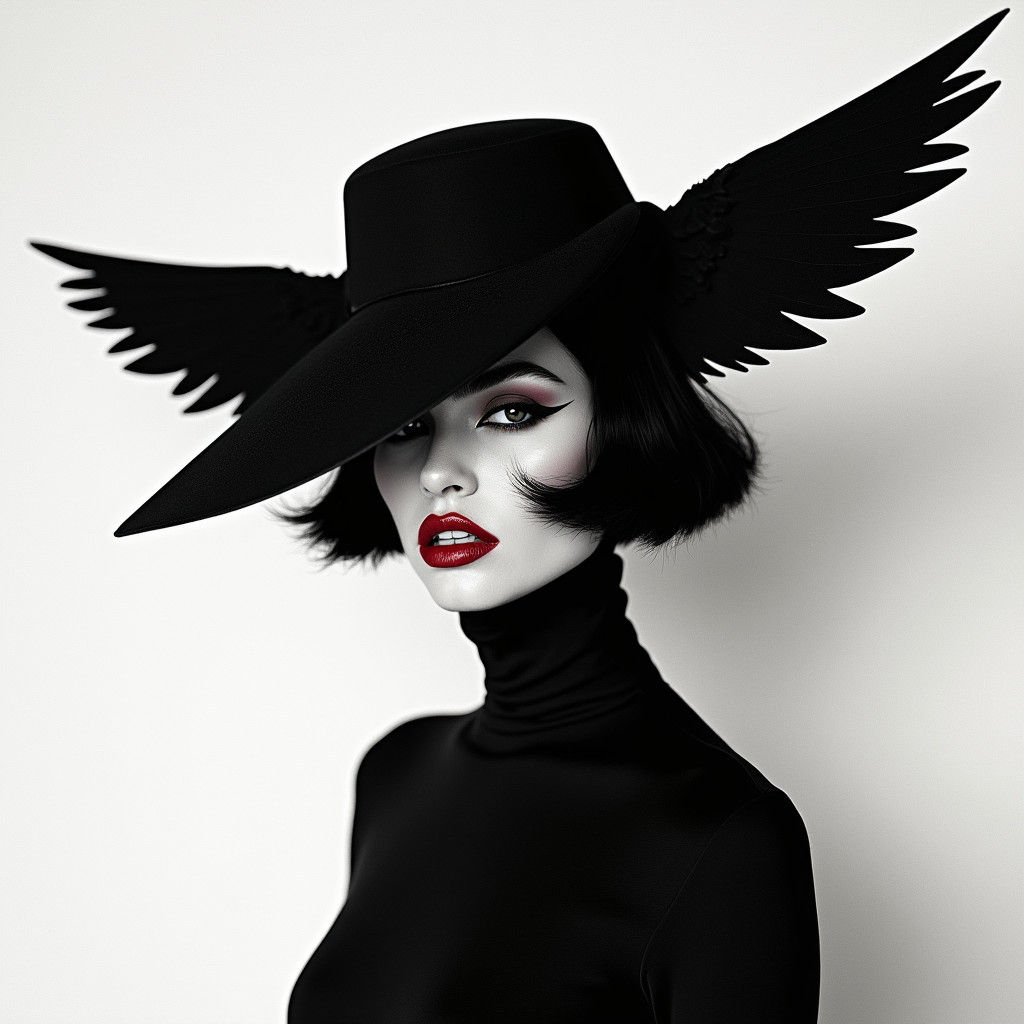 Supermodel in Geometric Raven Hat, Photogram Style