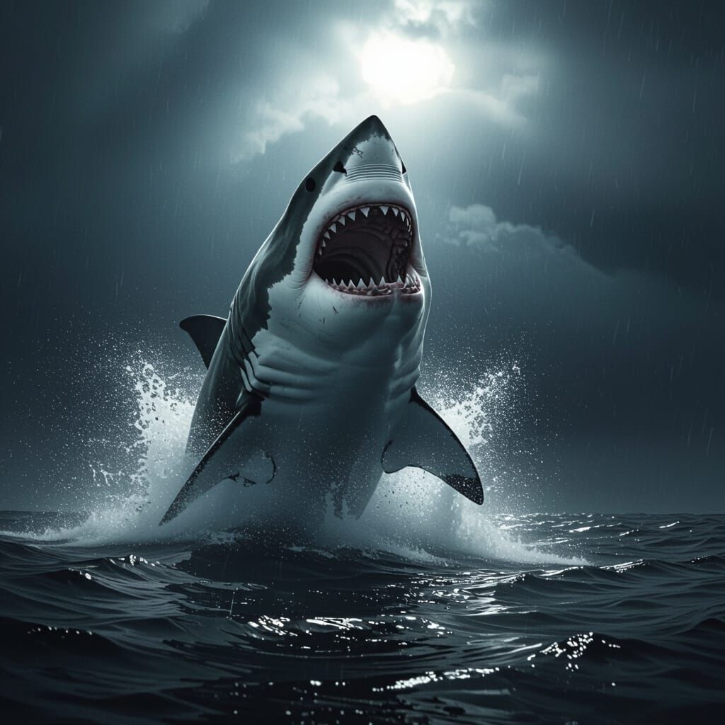 Great White Shark Breaching in Ominous Cinematic Style