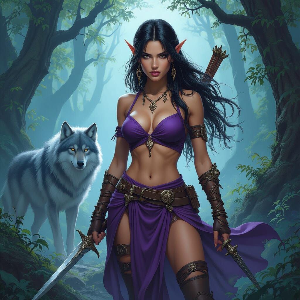 Fantasy Elf Rogue with Wolf in Frazetta Style
