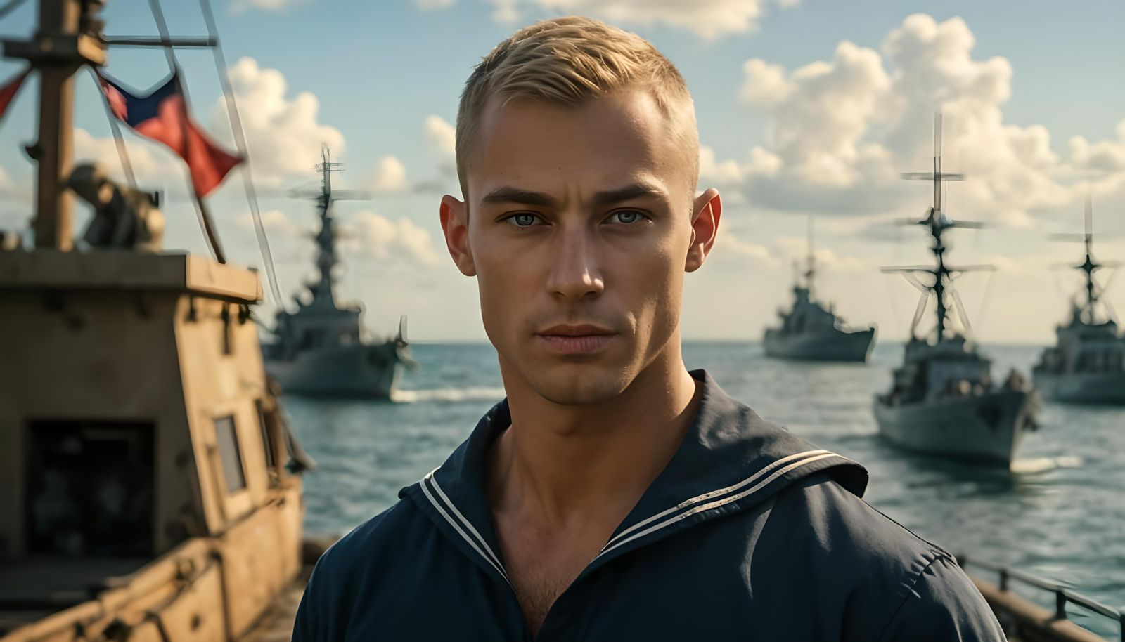 Handsome WWI Sailor on Tropical Island, Photorealistic