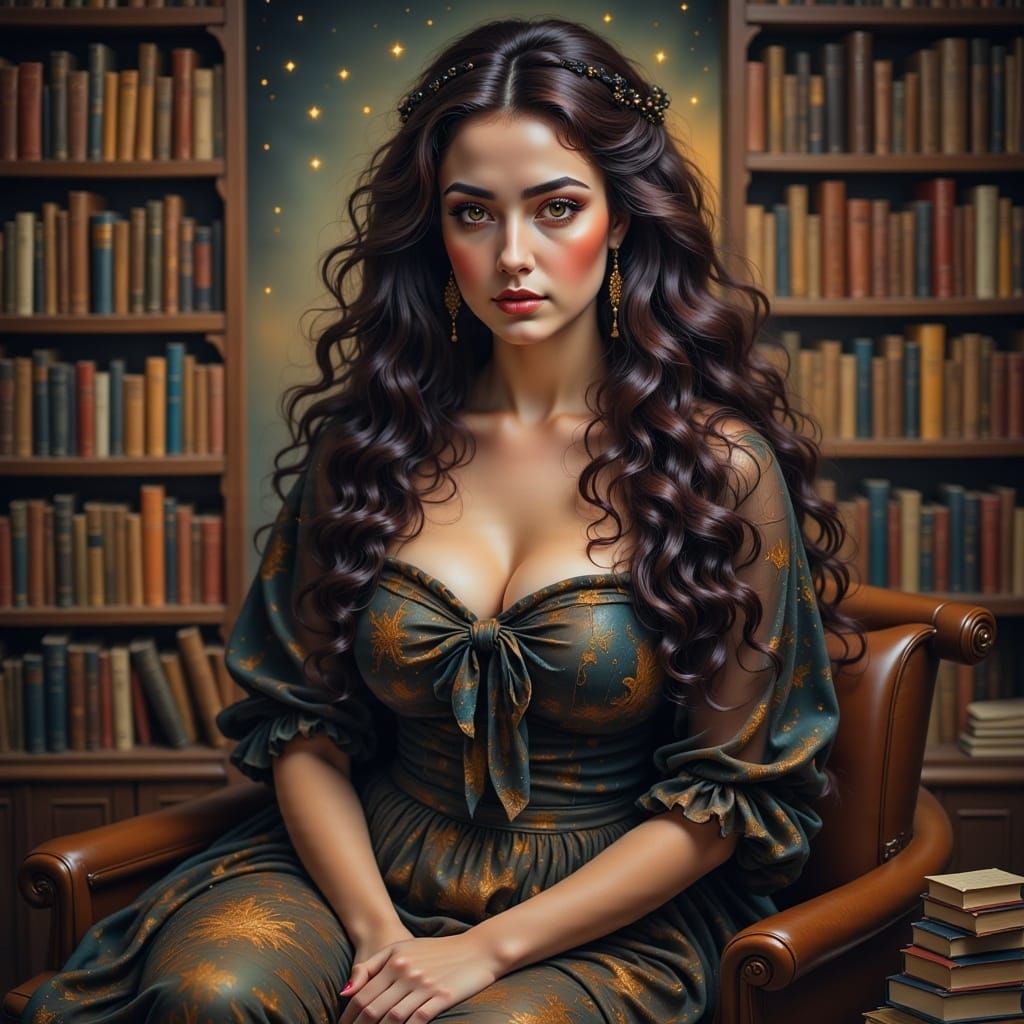 Beautiful Braided Woman in Starry Library