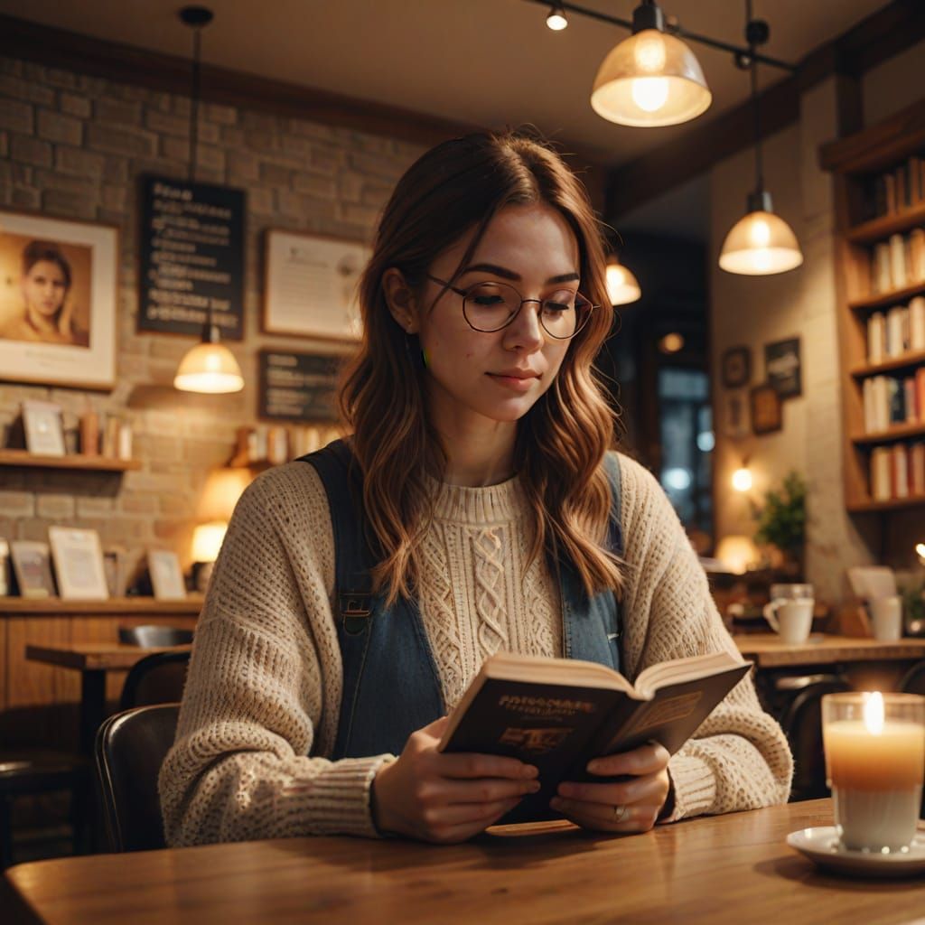Cozy Cafe Scene: Young Woman Reading