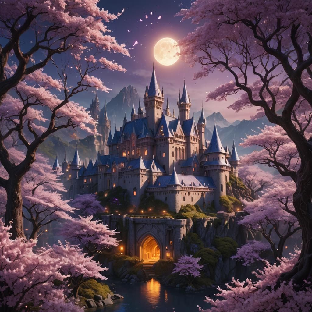 Elven Castle with Sakura Trees in Moonlight
