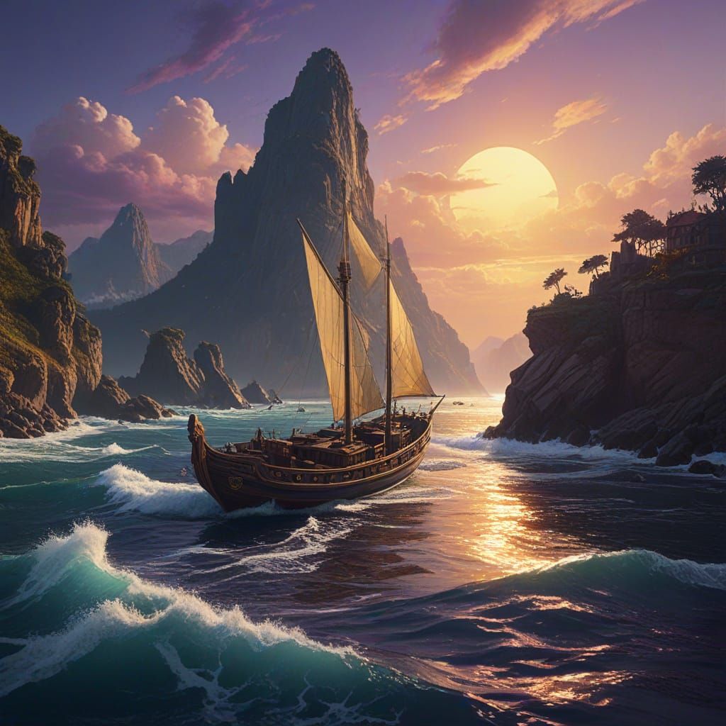 Surreal Oceanic Masterpiece with Boat and Dynamic Lighting